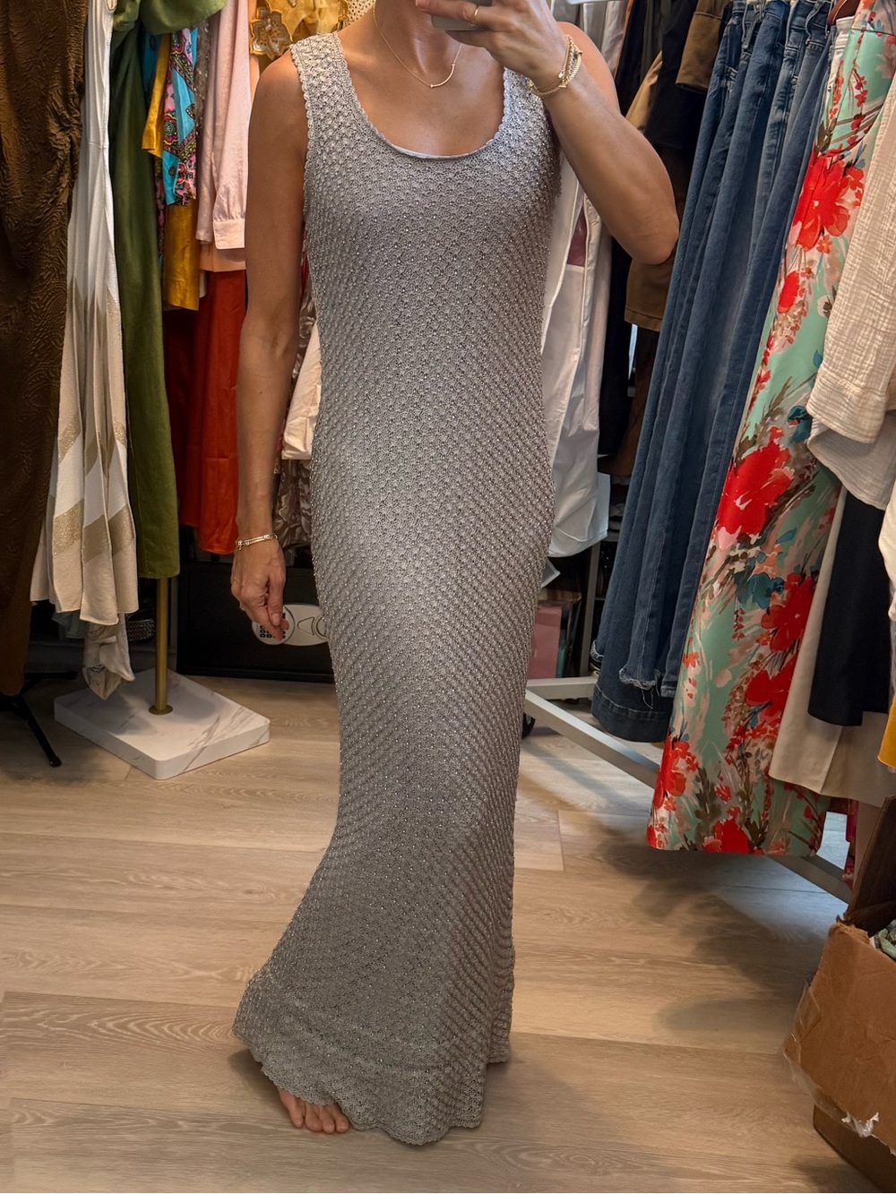 Sleeveless Knit Beaded Maxi Dress in Light Gray